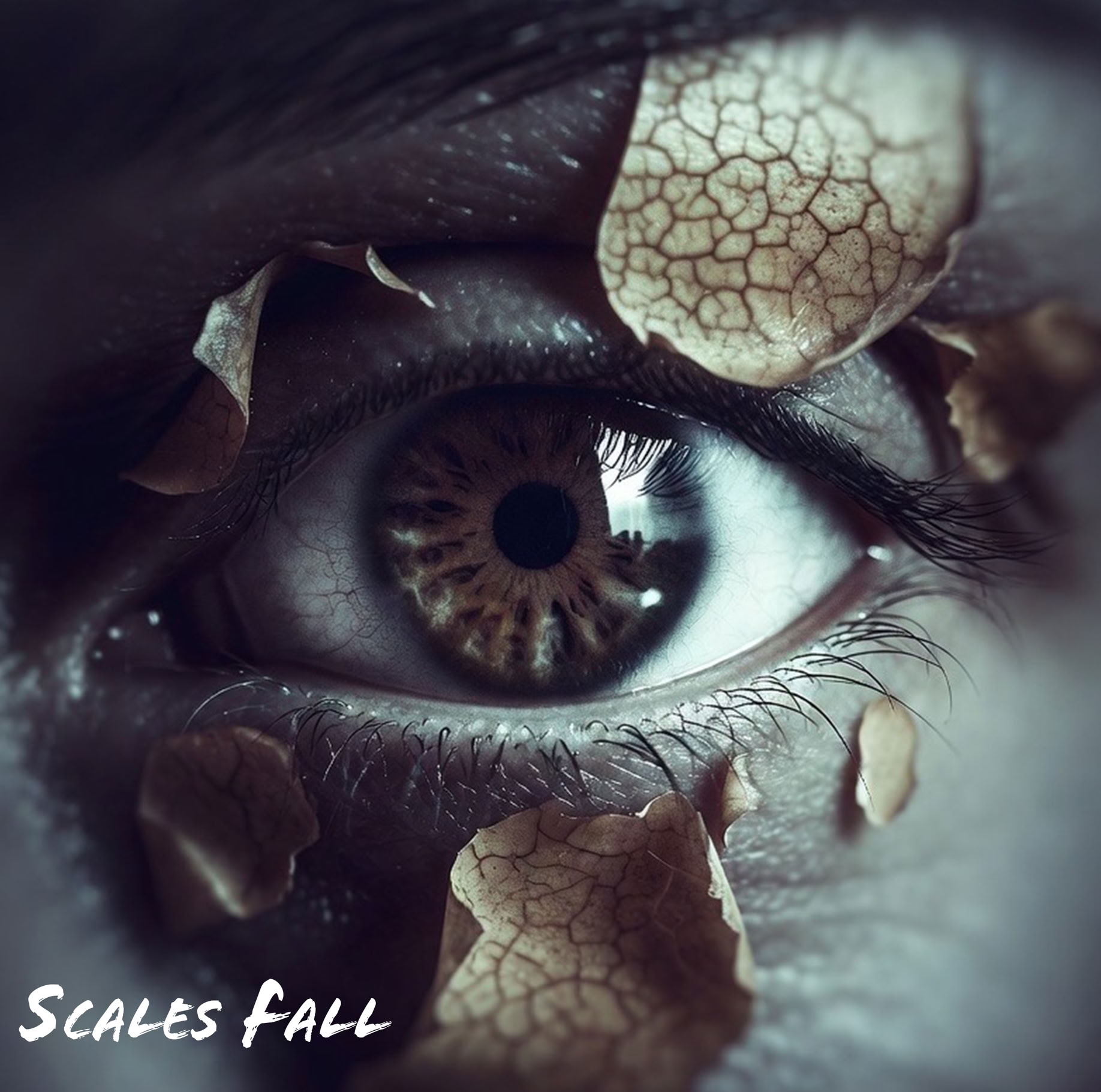 A close-up of an eye surrounded by cracked, peeling skin with the words "Scales Fall" in the bottom left corner.